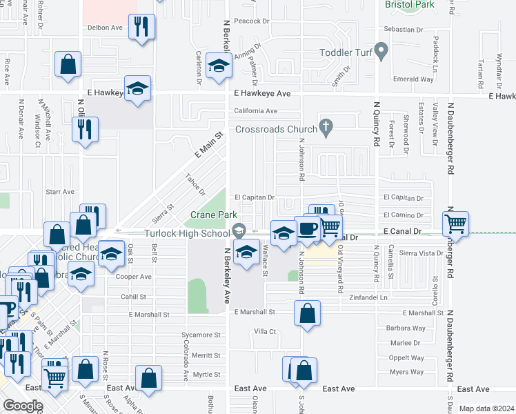 map of restaurants, bars, coffee shops, grocery stores, and more near 940 Edwards Drive in Turlock