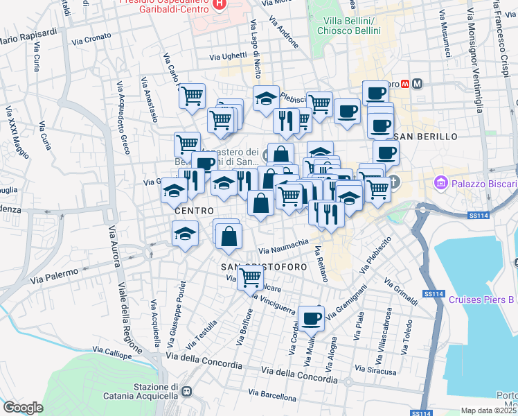 map of restaurants, bars, coffee shops, grocery stores, and more near 30 Via della Palma in Catania