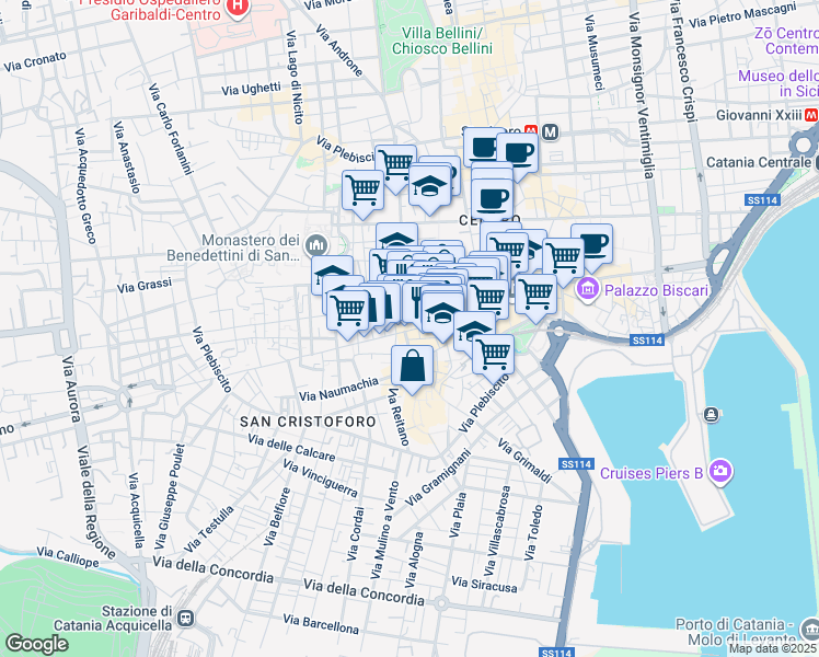 map of restaurants, bars, coffee shops, grocery stores, and more near 84 Via Giuseppe Garibaldi in Catania