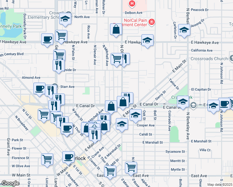 map of restaurants, bars, coffee shops, grocery stores, and more near 908 Kenwood Avenue in Turlock