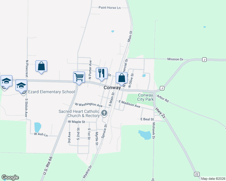 map of restaurants, bars, coffee shops, grocery stores, and more near in Conway