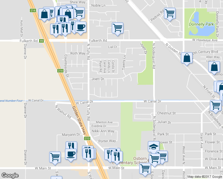 map of restaurants, bars, coffee shops, grocery stores, and more near 900 Ashton Court in Turlock