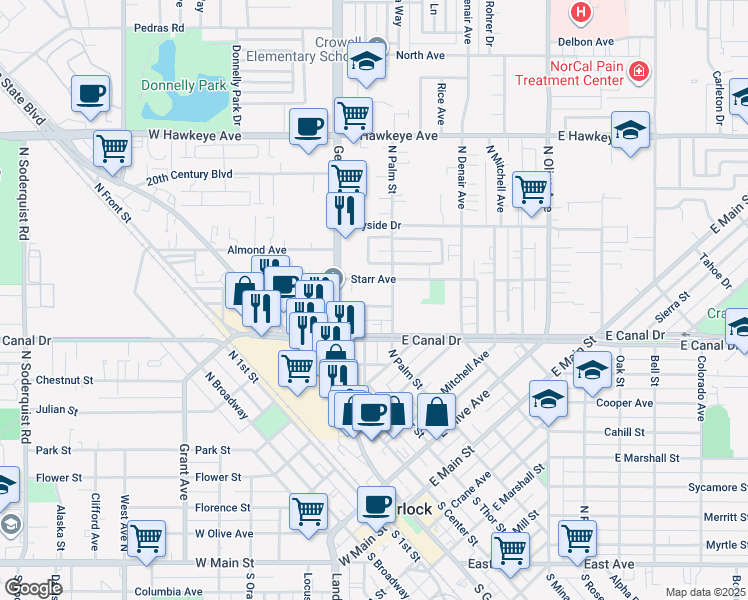 map of restaurants, bars, coffee shops, grocery stores, and more near 133 East Syracuse Avenue in Turlock