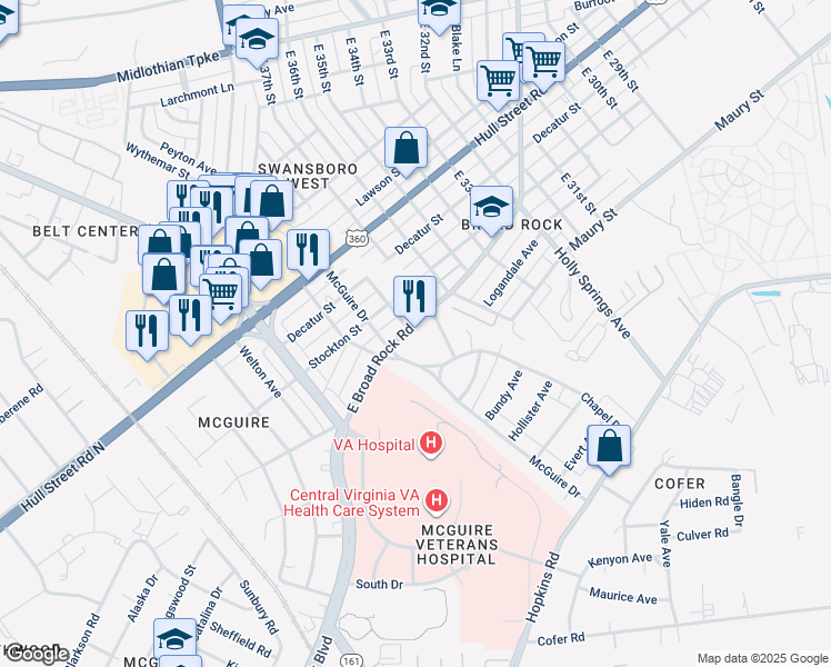 map of restaurants, bars, coffee shops, grocery stores, and more near 3729 East Broad Rock Road in Richmond