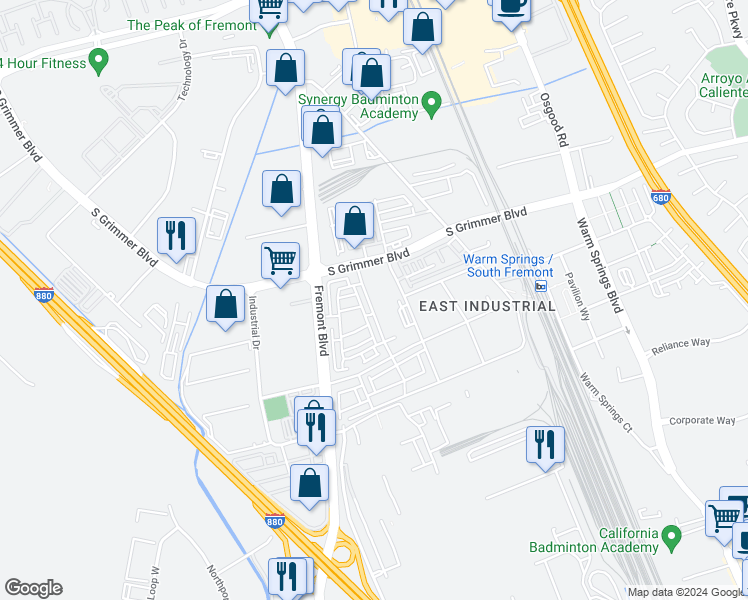 map of restaurants, bars, coffee shops, grocery stores, and more near 44969 Insight Street in Fremont