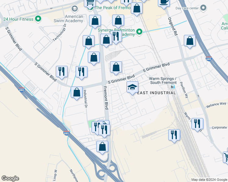 map of restaurants, bars, coffee shops, grocery stores, and more near 44969 Insight Street in Fremont