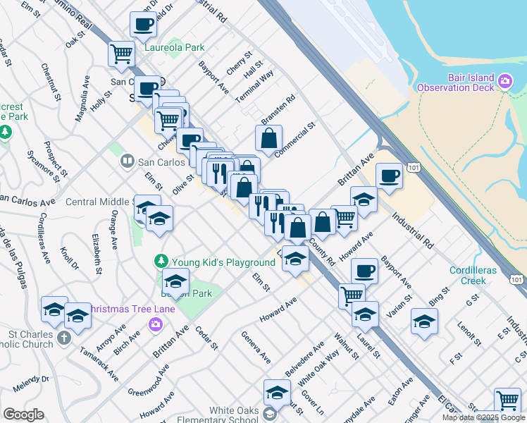 map of restaurants, bars, coffee shops, grocery stores, and more near 1150 Morse Boulevard in San Carlos