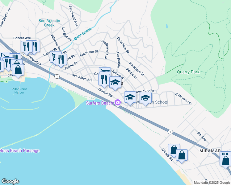 map of restaurants, bars, coffee shops, grocery stores, and more near in El Granada