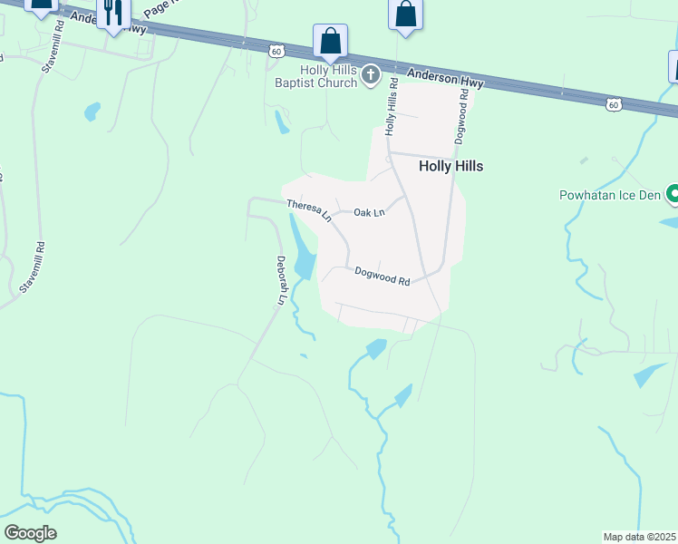 map of restaurants, bars, coffee shops, grocery stores, and more near 1526 Dogwood Road in Powhatan
