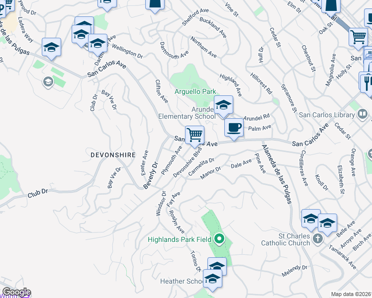 map of restaurants, bars, coffee shops, grocery stores, and more near 33 Cambridge Street in San Carlos