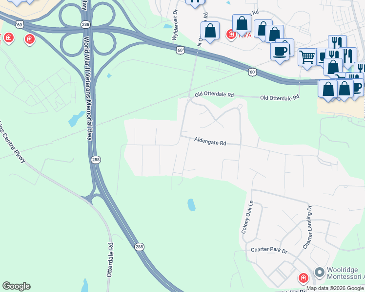 map of restaurants, bars, coffee shops, grocery stores, and more near 420 Charlemagne Road in Midlothian
