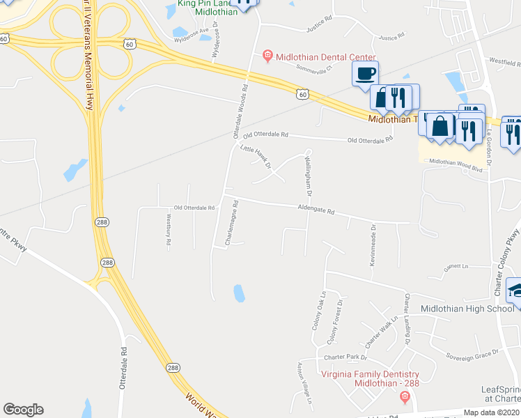 map of restaurants, bars, coffee shops, grocery stores, and more near 14501 Aldengate Road in Midlothian