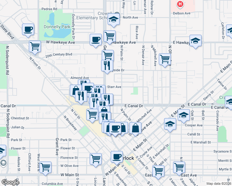 map of restaurants, bars, coffee shops, grocery stores, and more near 133 East Syracuse Avenue in Turlock