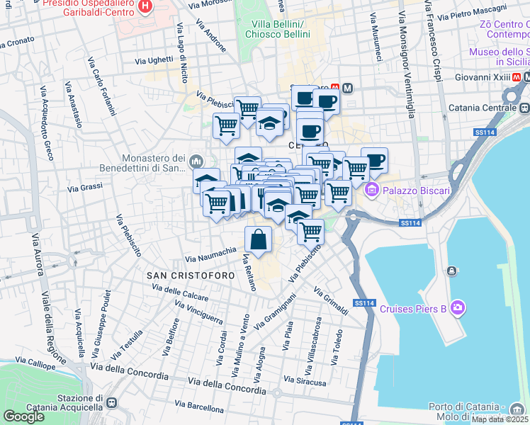 map of restaurants, bars, coffee shops, grocery stores, and more near 84 Via Giuseppe Garibaldi in Catania