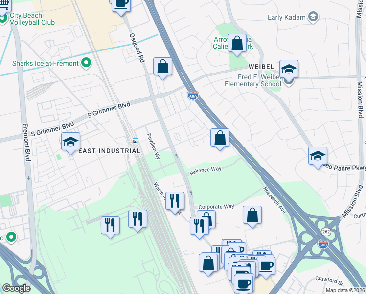 map of restaurants, bars, coffee shops, grocery stores, and more near 2250 Kilowatt Way in Fremont