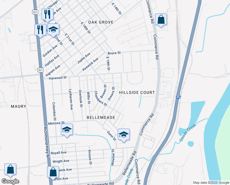 map of restaurants, bars, coffee shops, grocery stores, and more near 1414 Drewry Street in Richmond