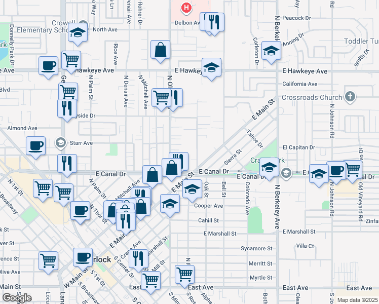 map of restaurants, bars, coffee shops, grocery stores, and more near 908 North Olive Avenue in Turlock