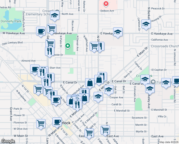 map of restaurants, bars, coffee shops, grocery stores, and more near 901 Kenwood Avenue in Turlock