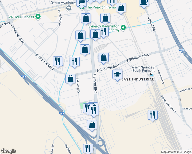 map of restaurants, bars, coffee shops, grocery stores, and more near 44868 Fremont Boulevard in Fremont