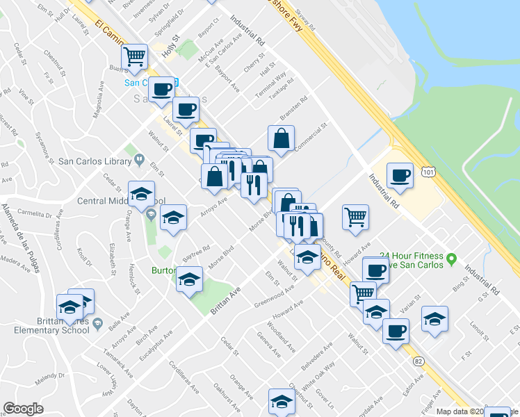 map of restaurants, bars, coffee shops, grocery stores, and more near 1150 Morse Boulevard in San Carlos
