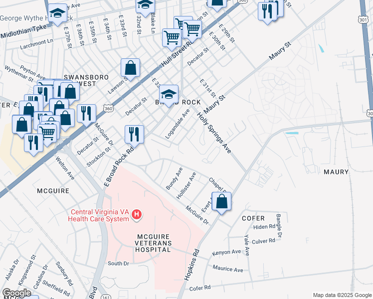 map of restaurants, bars, coffee shops, grocery stores, and more near 3450 Maury Street in Richmond
