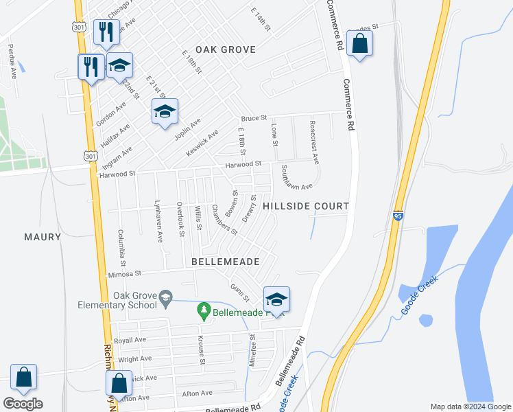 map of restaurants, bars, coffee shops, grocery stores, and more near 1414 Drewry Street in Richmond