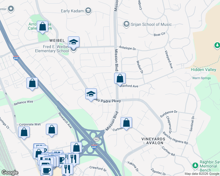 map of restaurants, bars, coffee shops, grocery stores, and more near 63 Cheyenne Court in Fremont
