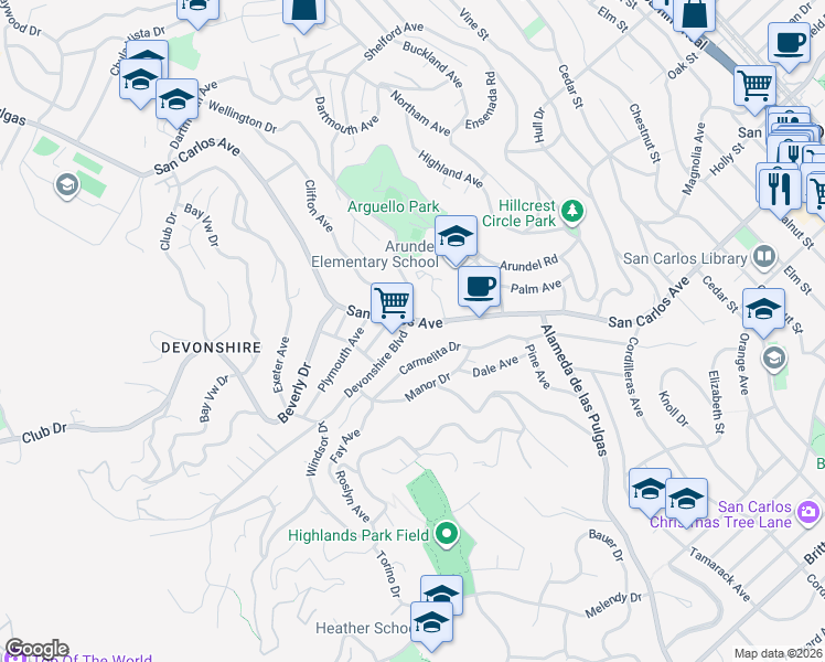 map of restaurants, bars, coffee shops, grocery stores, and more near 2236 Carmelita Drive in San Carlos