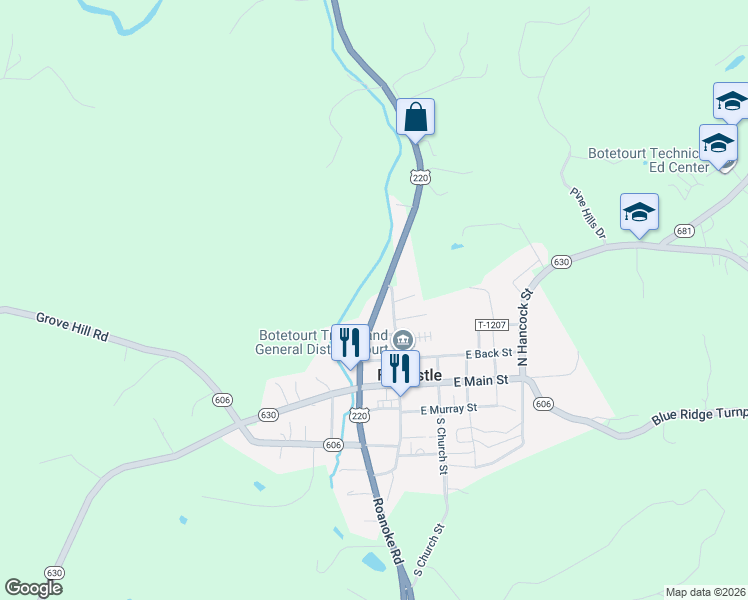 map of restaurants, bars, coffee shops, grocery stores, and more near 341 Botetourt Road in Fincastle