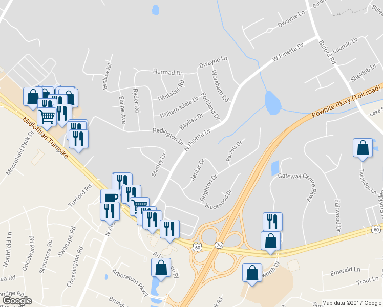 map of restaurants, bars, coffee shops, grocery stores, and more near 409 North Pinetta Drive in Richmond