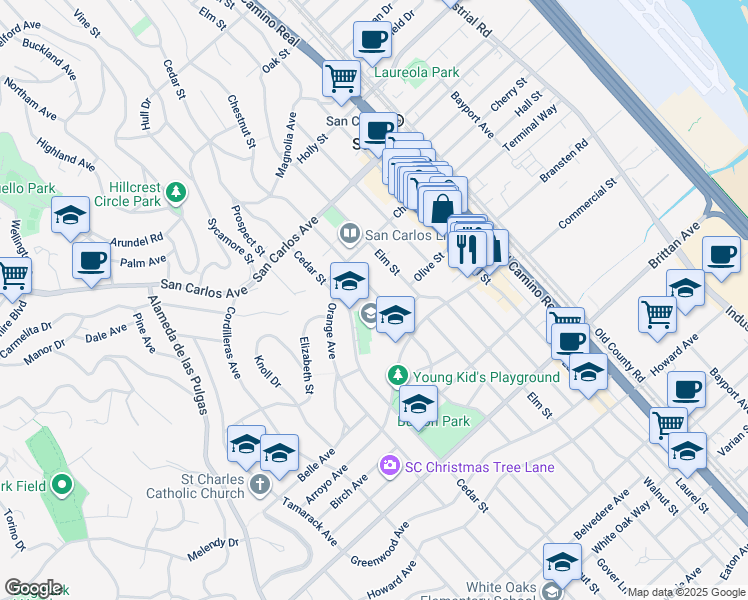 map of restaurants, bars, coffee shops, grocery stores, and more near 774 Chestnut Street in San Carlos