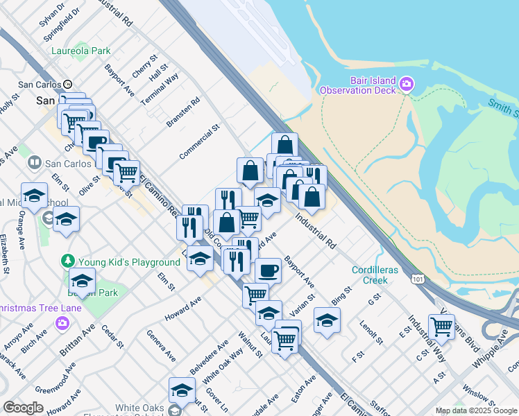 map of restaurants, bars, coffee shops, grocery stores, and more near 1160 Industrial Road in San Carlos
