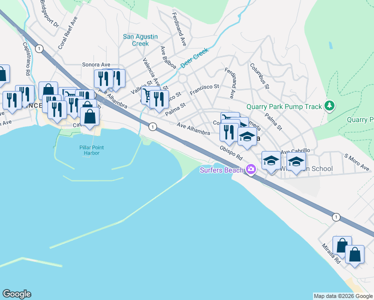 map of restaurants, bars, coffee shops, grocery stores, and more near 4000 Cabrillo Highway in Half Moon Bay