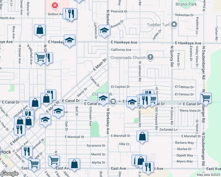 map of restaurants, bars, coffee shops, grocery stores, and more near 920 North Berkeley Avenue in Turlock