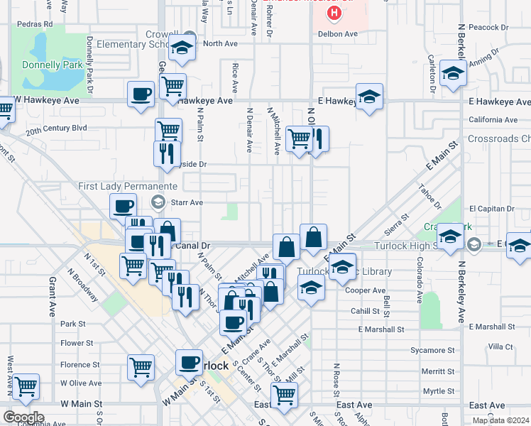 map of restaurants, bars, coffee shops, grocery stores, and more near 838 North Denair Avenue in Turlock