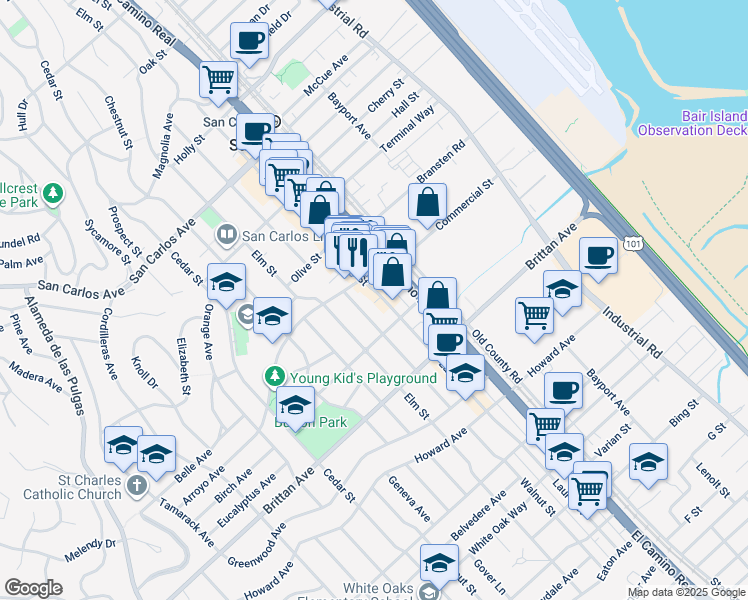 map of restaurants, bars, coffee shops, grocery stores, and more near 935 Walnut Street in San Carlos