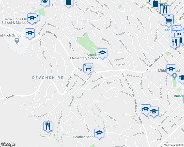 map of restaurants, bars, coffee shops, grocery stores, and more near in San Carlos
