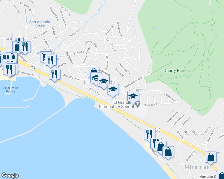 map of restaurants, bars, coffee shops, grocery stores, and more near 195 Avenue Cabrillo in Half Moon Bay