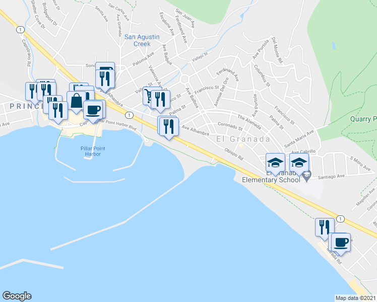 map of restaurants, bars, coffee shops, grocery stores, and more near 4000 Cabrillo Highway in Half Moon Bay
