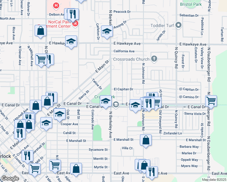 map of restaurants, bars, coffee shops, grocery stores, and more near 920 North Berkeley Avenue in Turlock