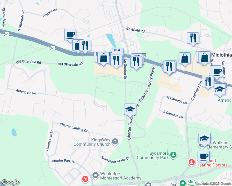 map of restaurants, bars, coffee shops, grocery stores, and more near 14443 Tanager Wood Trail in Midlothian