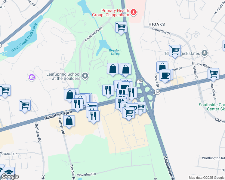 map of restaurants, bars, coffee shops, grocery stores, and more near 7106 Midlothian Turnpike in Richmond