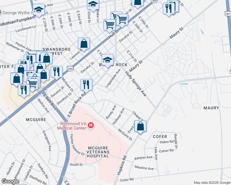 map of restaurants, bars, coffee shops, grocery stores, and more near 3456 Maury Street in Richmond