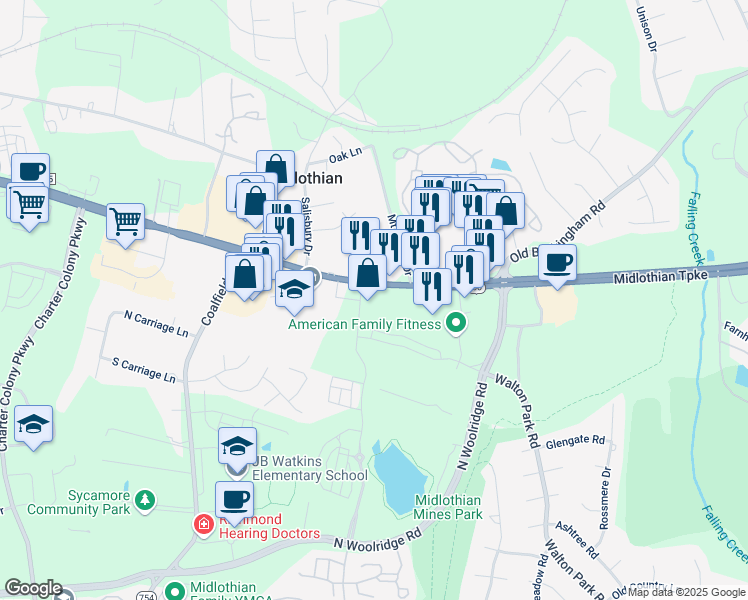 map of restaurants, bars, coffee shops, grocery stores, and more near 13471 Midlothian Turnpike in Midlothian