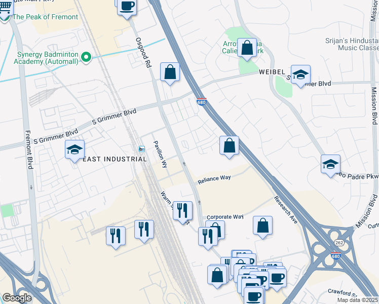 map of restaurants, bars, coffee shops, grocery stores, and more near 45388 Warm Springs Boulevard in Fremont