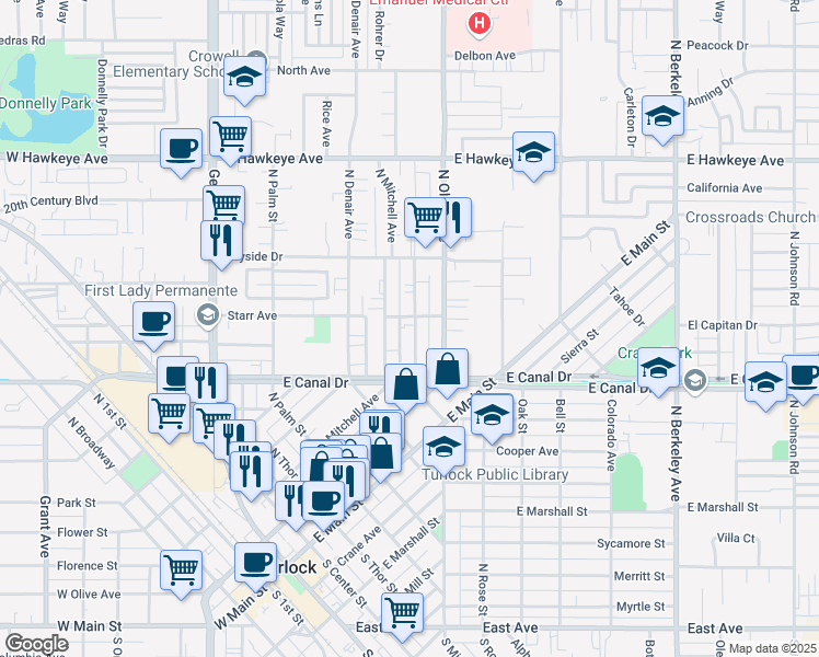 map of restaurants, bars, coffee shops, grocery stores, and more near 935 Kenwood Avenue in Turlock