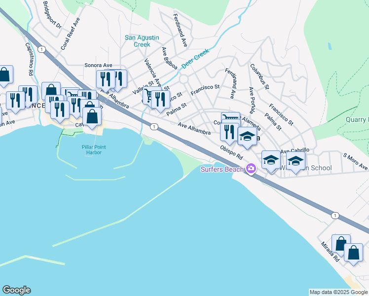 map of restaurants, bars, coffee shops, grocery stores, and more near 4100 California 1 in Half Moon Bay