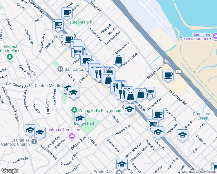 map of restaurants, bars, coffee shops, grocery stores, and more near 1150 Morse Boulevard in San Carlos