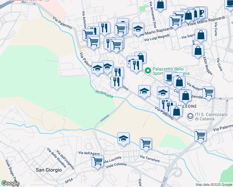 map of restaurants, bars, coffee shops, grocery stores, and more near 31 Via Giuseppe Tomasi di Lampedusa in Catania