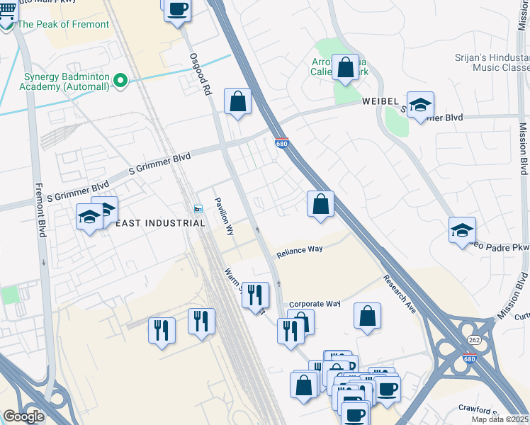 map of restaurants, bars, coffee shops, grocery stores, and more near 45388 Warm Springs Boulevard in Fremont